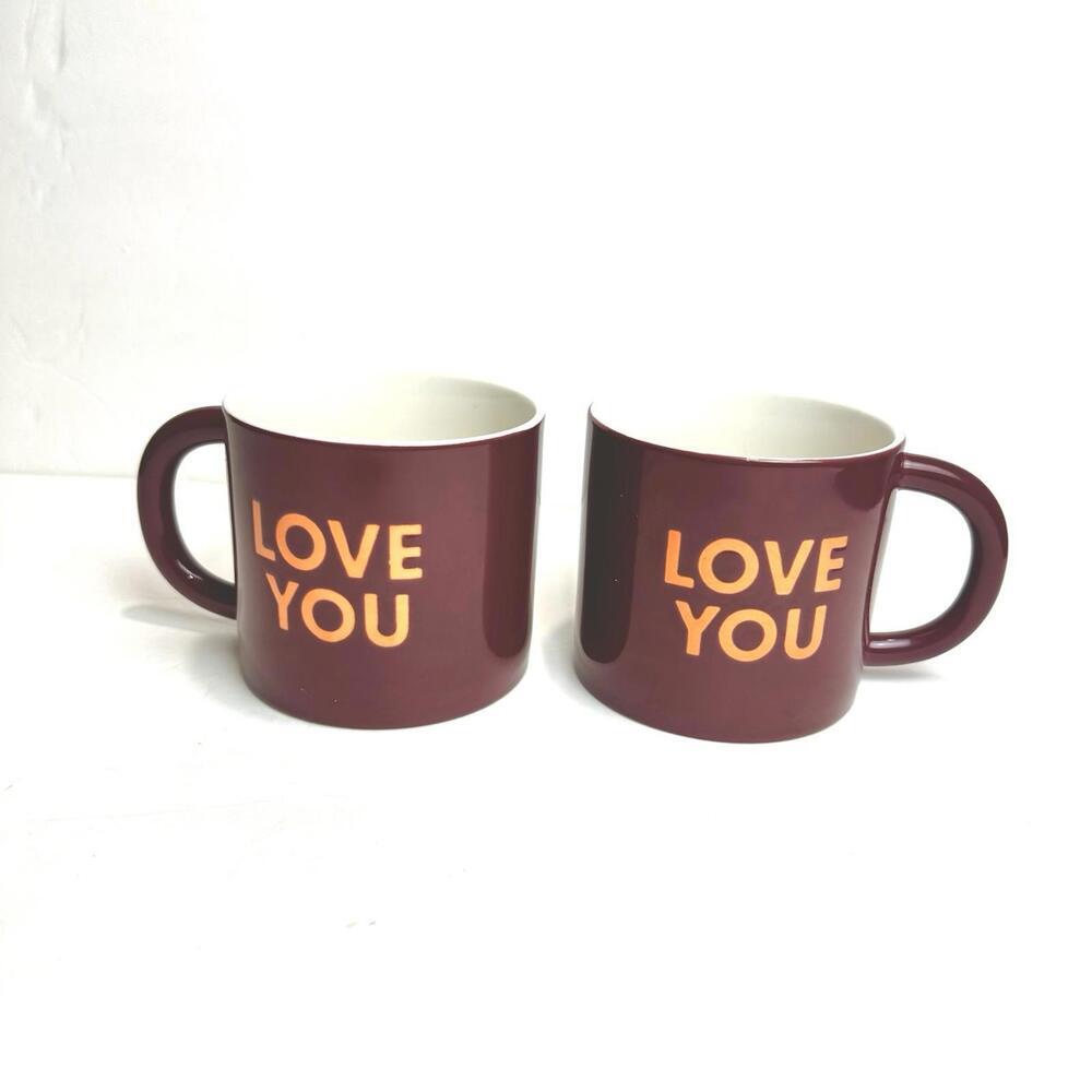 room essentials stoneware mug, “Love You”. Maroon With Orange Letters, Set Of 2 - Picture 2 of 7
